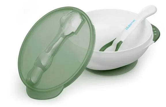 Kidsme - Plato hondo con ventosa y cuchara de temperatura Verde