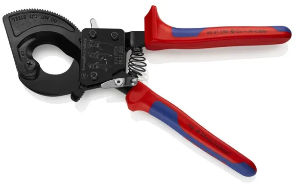 Cizalla para cables Knipex (principio de trinquete) lacada en negro, con mango multicomponente 250 mm