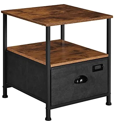 Mesita de noche SONGMICS, con 2 estantes y 1 cajón - MDF marrón rústico y ante/metal negro imitado (41x41)